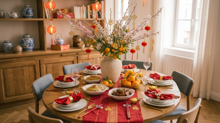 Elegant Lunar New Year table setting with red and gold decor, mandarin oranges, and floral centerpiece